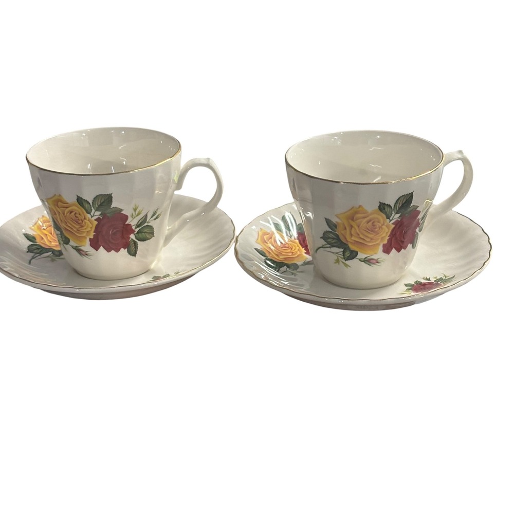 H Aynsley & Co Staffordshire England Rose Tea Cup Saucer Set of 2 Vintage Fluted